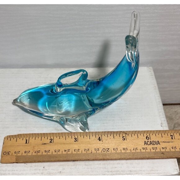 Hand Blown Glass Dolphin Figurine Paperweight Blue & Clear 6" Beach Nautical - Picture 6 of 7